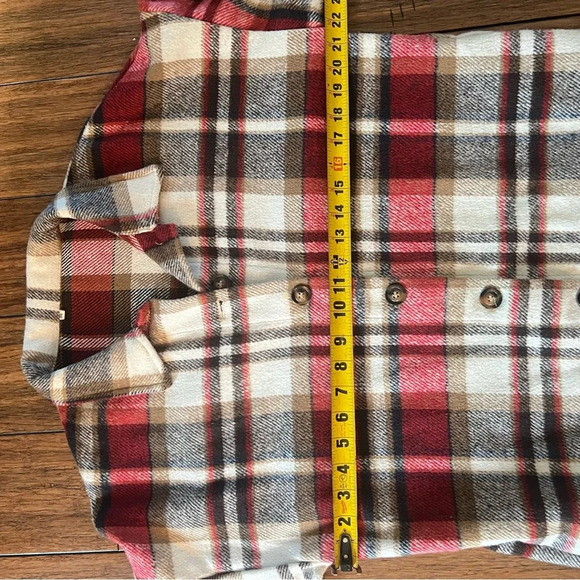 Plaid Flannel Shacket Button Down Jacket Shirt Pockets Red Boho Western Medium - Picture 12 of 14